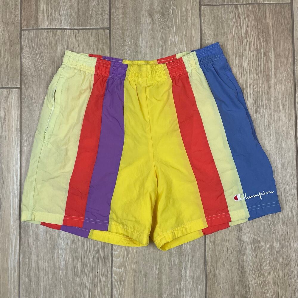 Champion Colorblock Swim Trunks Mens L Retro Rainbow Stripe Lined Beach Shorts